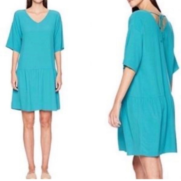 Eileen Fischer Blue Drop Waist Tie-back daytime shirt dress - Picture 3 of 7